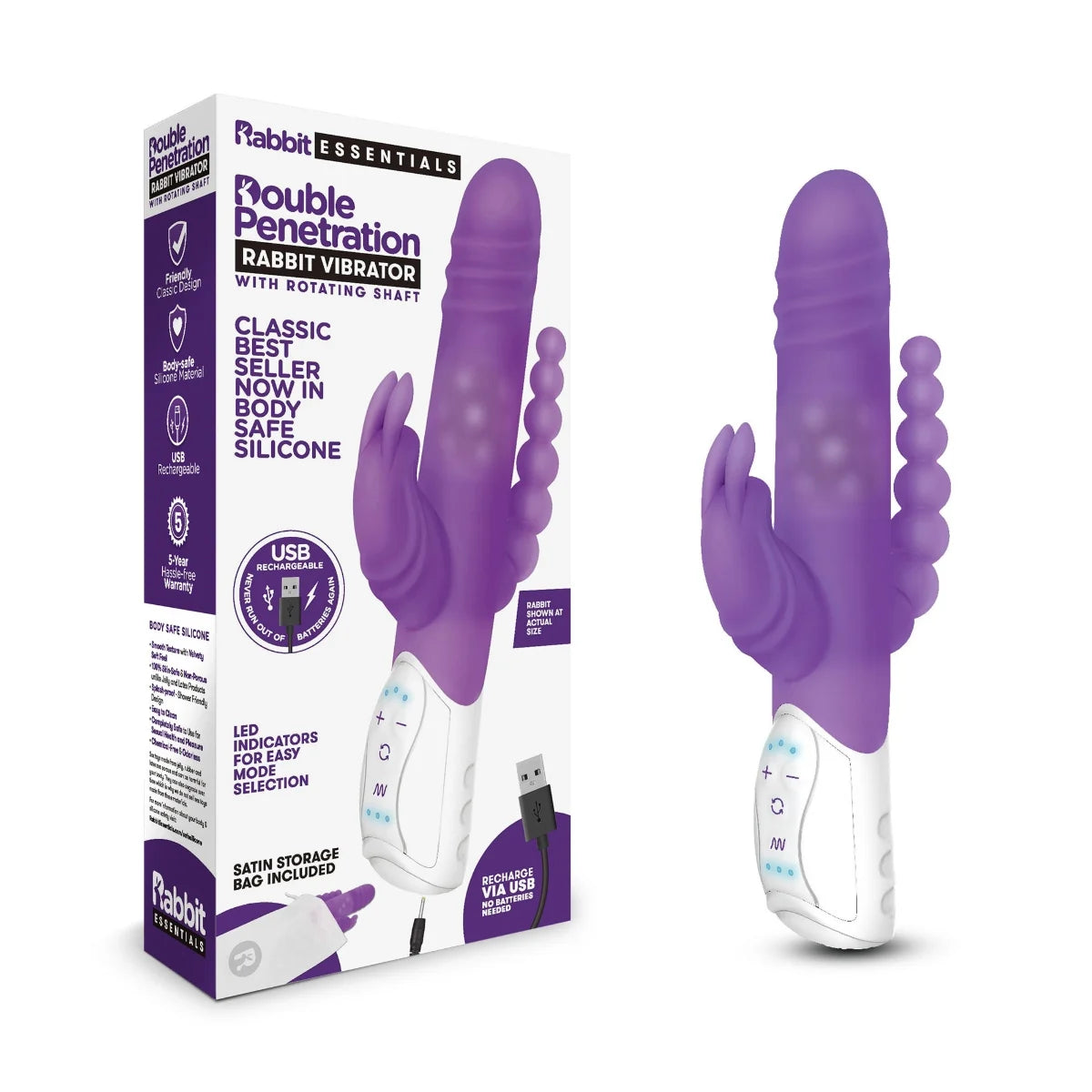 Rabbit Essentials Rechargeable Double Penetration Rabbit Vibrator Hot Purple