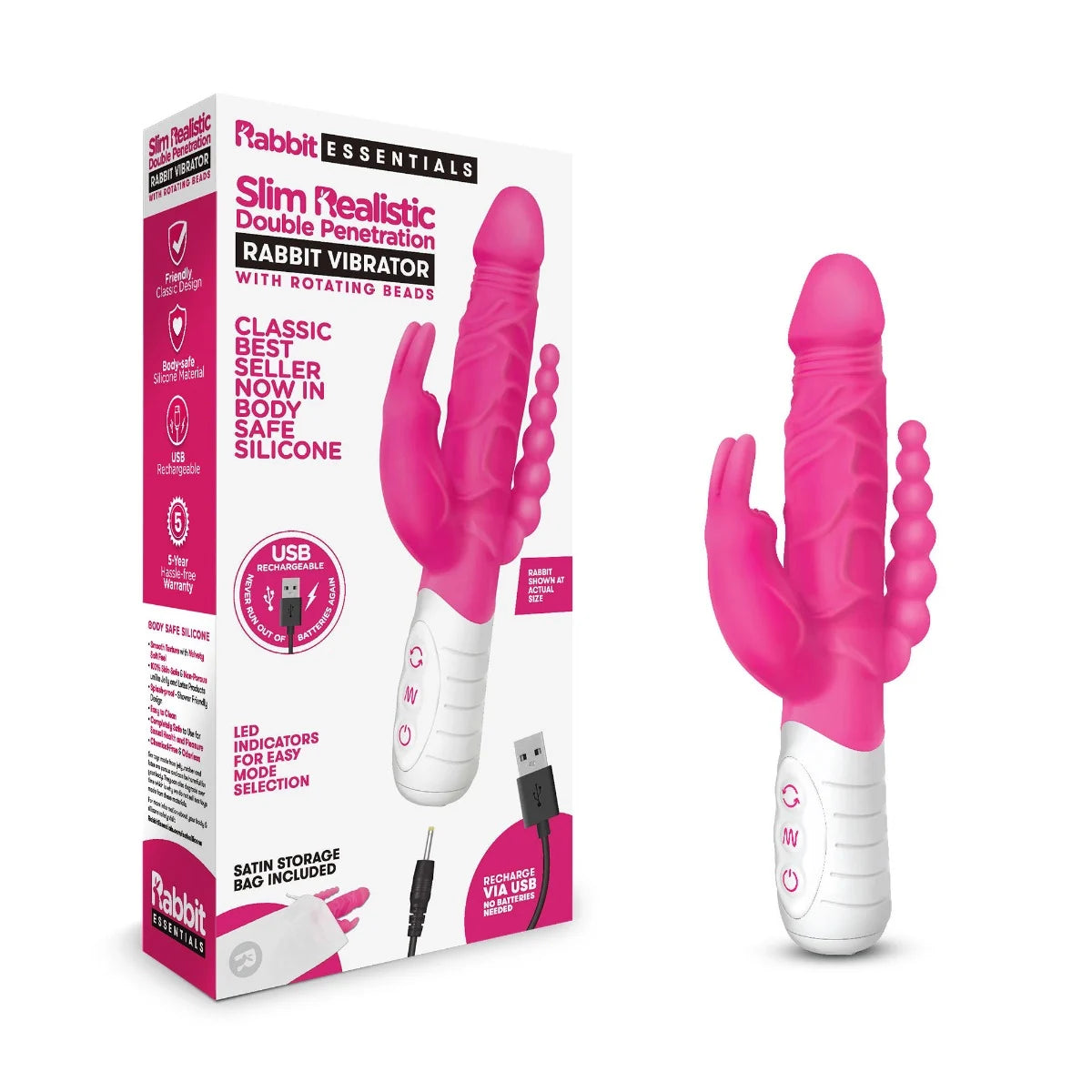 Rabbit Essentials Rechargeable Slim Double Penetration Rabbit Vibrator Hot Pink