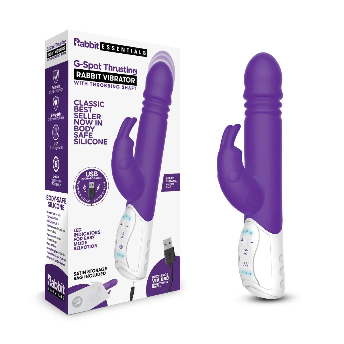 Rabbit Essentials Rechargeable G-Spot Thrusting Rabbit Vibrator Purple