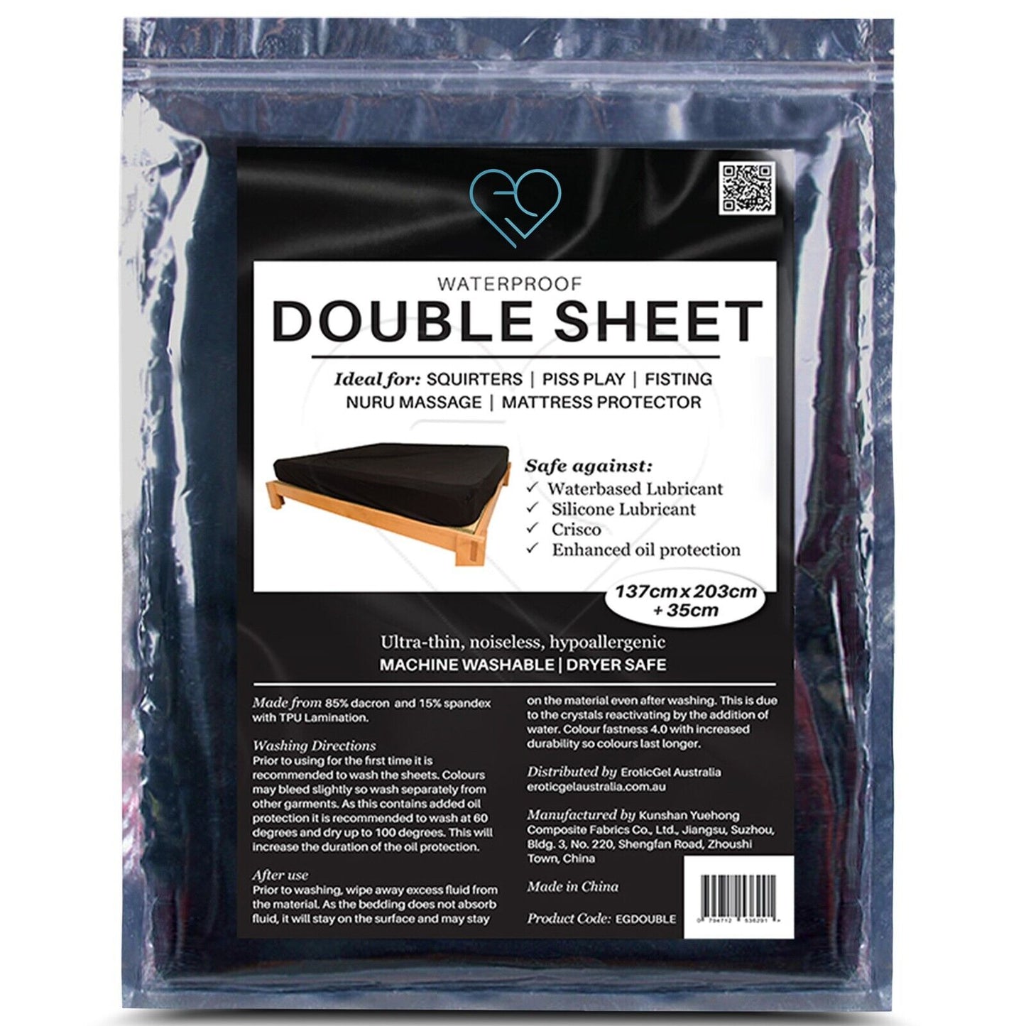 Eroticgel Waterproof Fitted Sheet Black Nuru Massage - Double Size