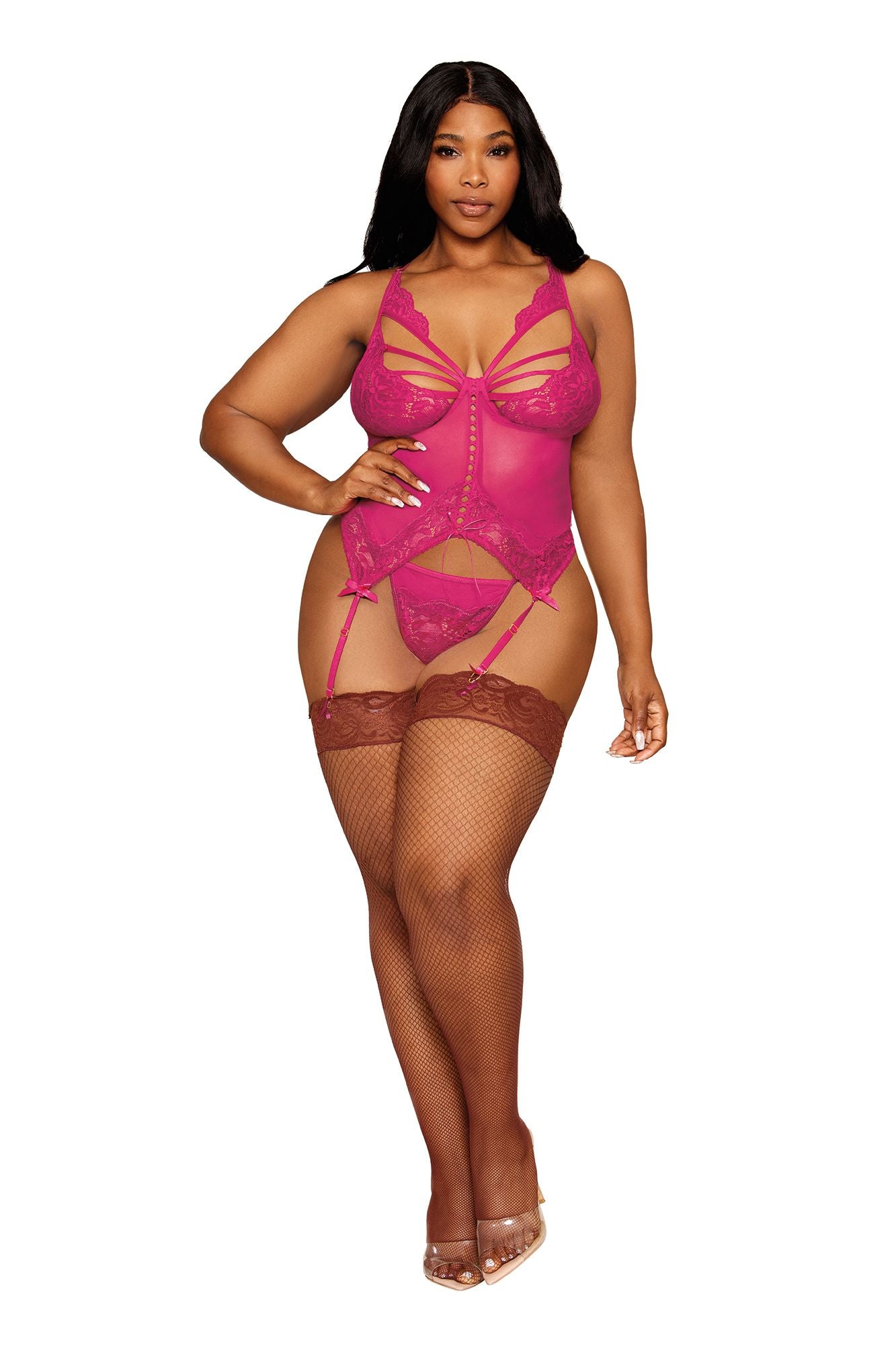 Dreamgirl Floral Lace and Mesh Bustier and G-string Set Beet Size OSX