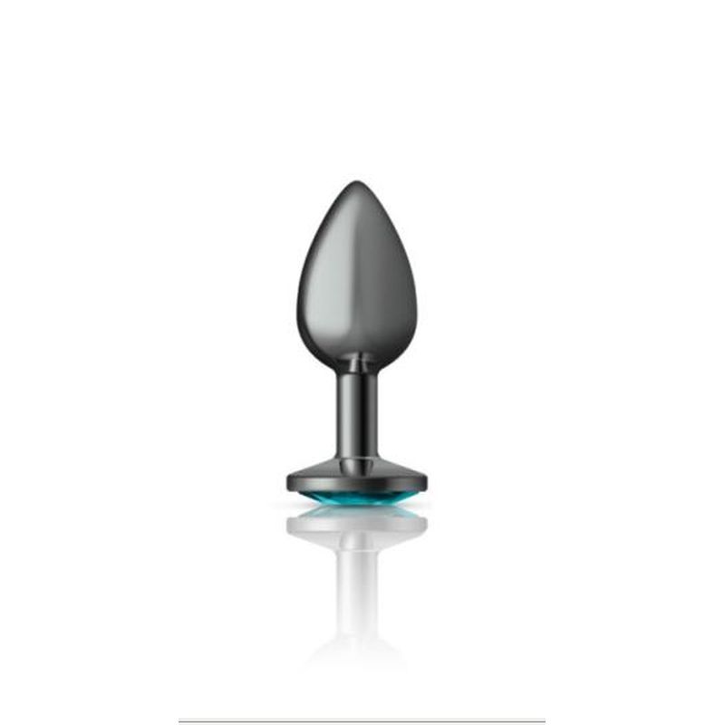 Cheeky Charms | Gunmetal Round Butt Plug w Teal Jewel Small