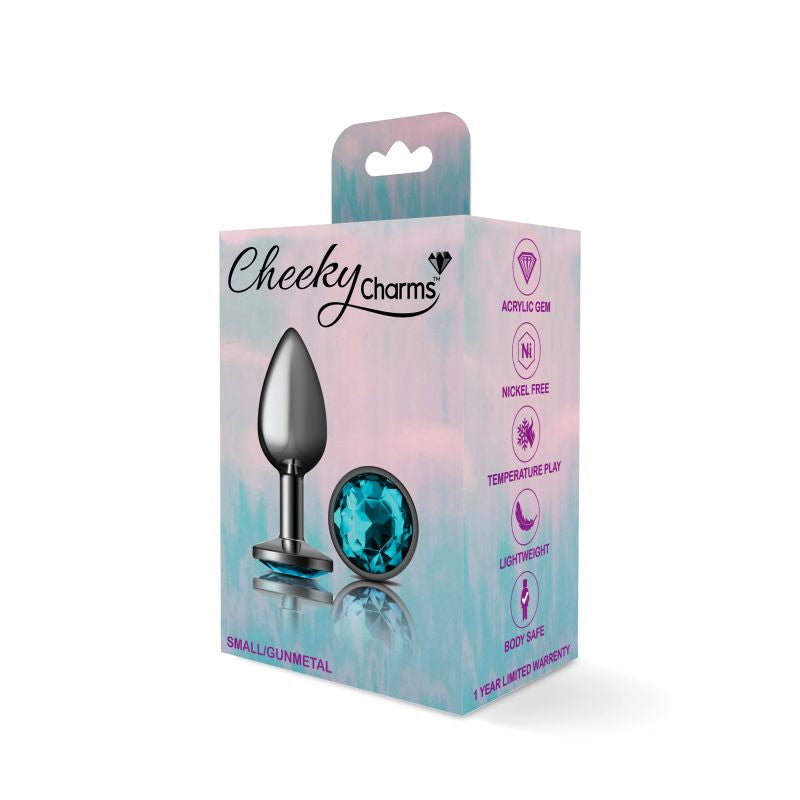 Cheeky Charms | Gunmetal Round Butt Plug w Teal Jewel Small