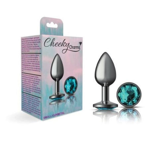 Cheeky Charms | Gunmetal Round Butt Plug w Teal Jewel Small