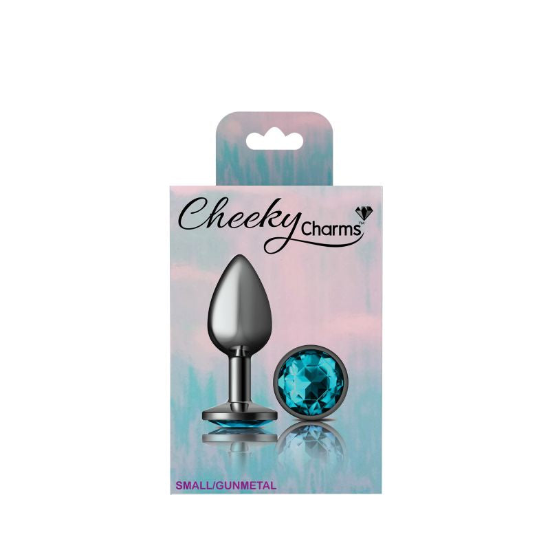 Cheeky Charms | Gunmetal Round Butt Plug w Teal Jewel Small