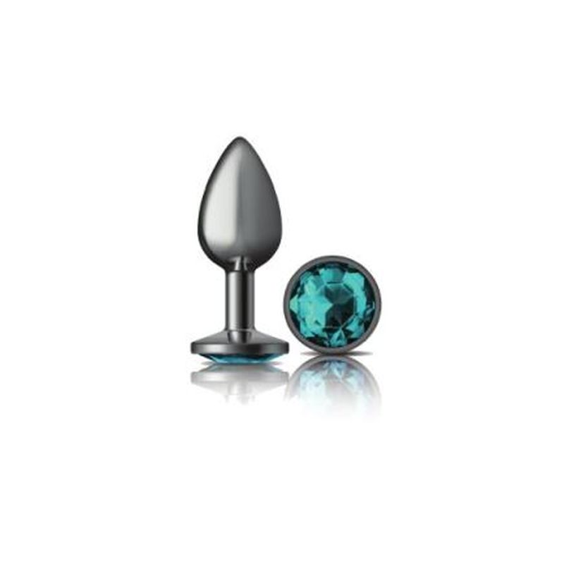 Cheeky Charms | Gunmetal Round Butt Plug w Teal Jewel Small