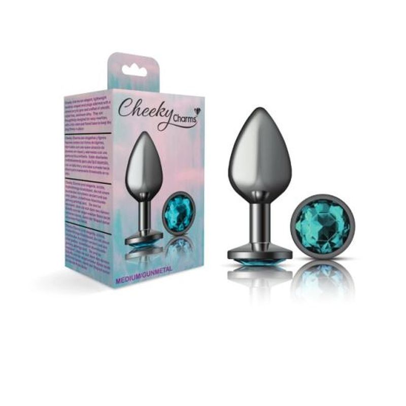 Cheeky Charms | Gunmetal Round Butt Plug w Teal Jewel Medium