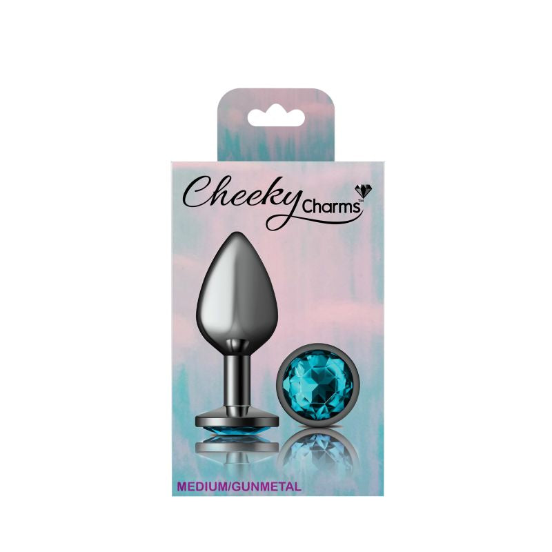 Cheeky Charms | Gunmetal Round Butt Plug w Teal Jewel Medium