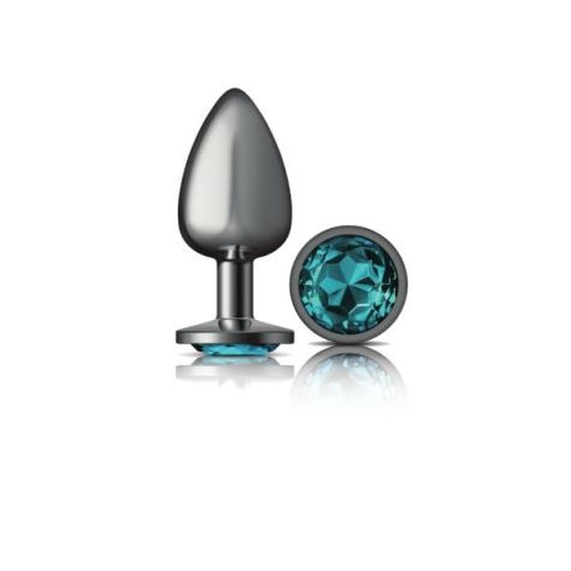 Cheeky Charms | Gunmetal Round Butt Plug w Teal Jewel Large