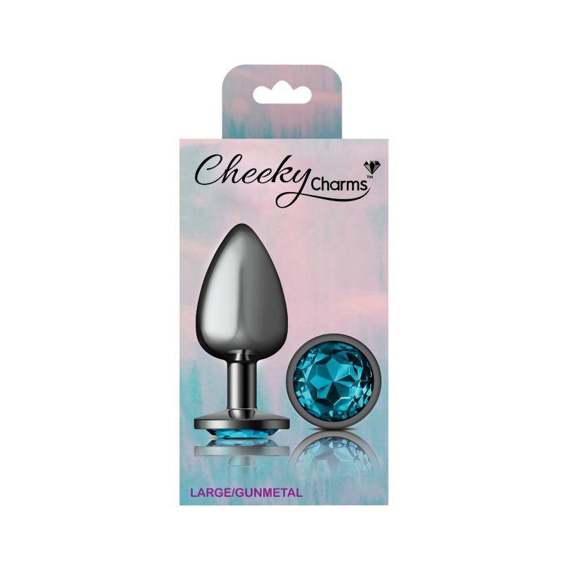 Cheeky Charms | Gunmetal Round Butt Plug w Teal Jewel Large