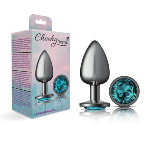 Cheeky Charms | Gunmetal Round Butt Plug w Teal Jewel Large